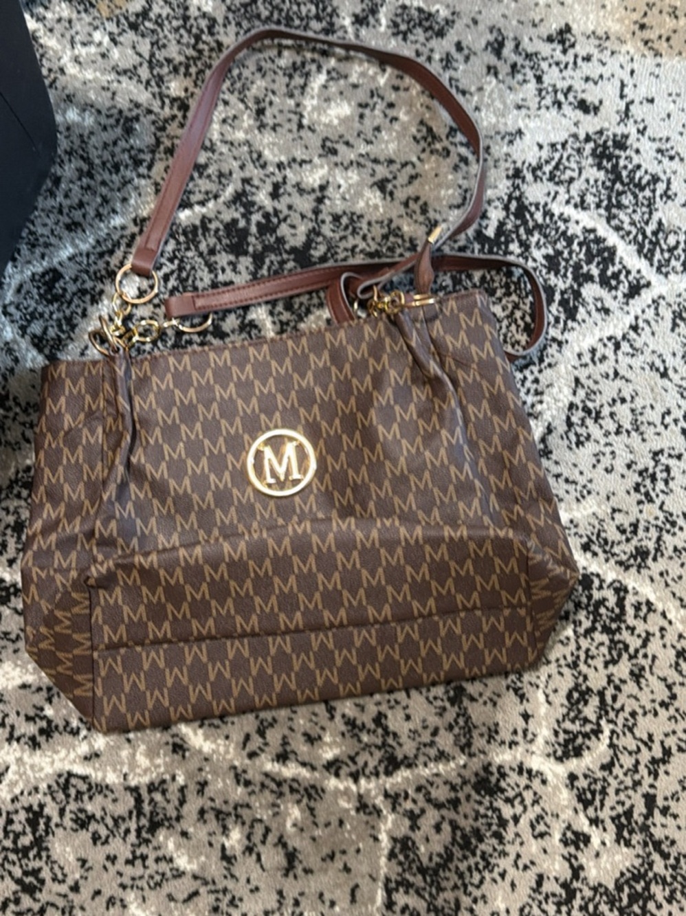 Brown Monogram Tote Bag with Gold Logo